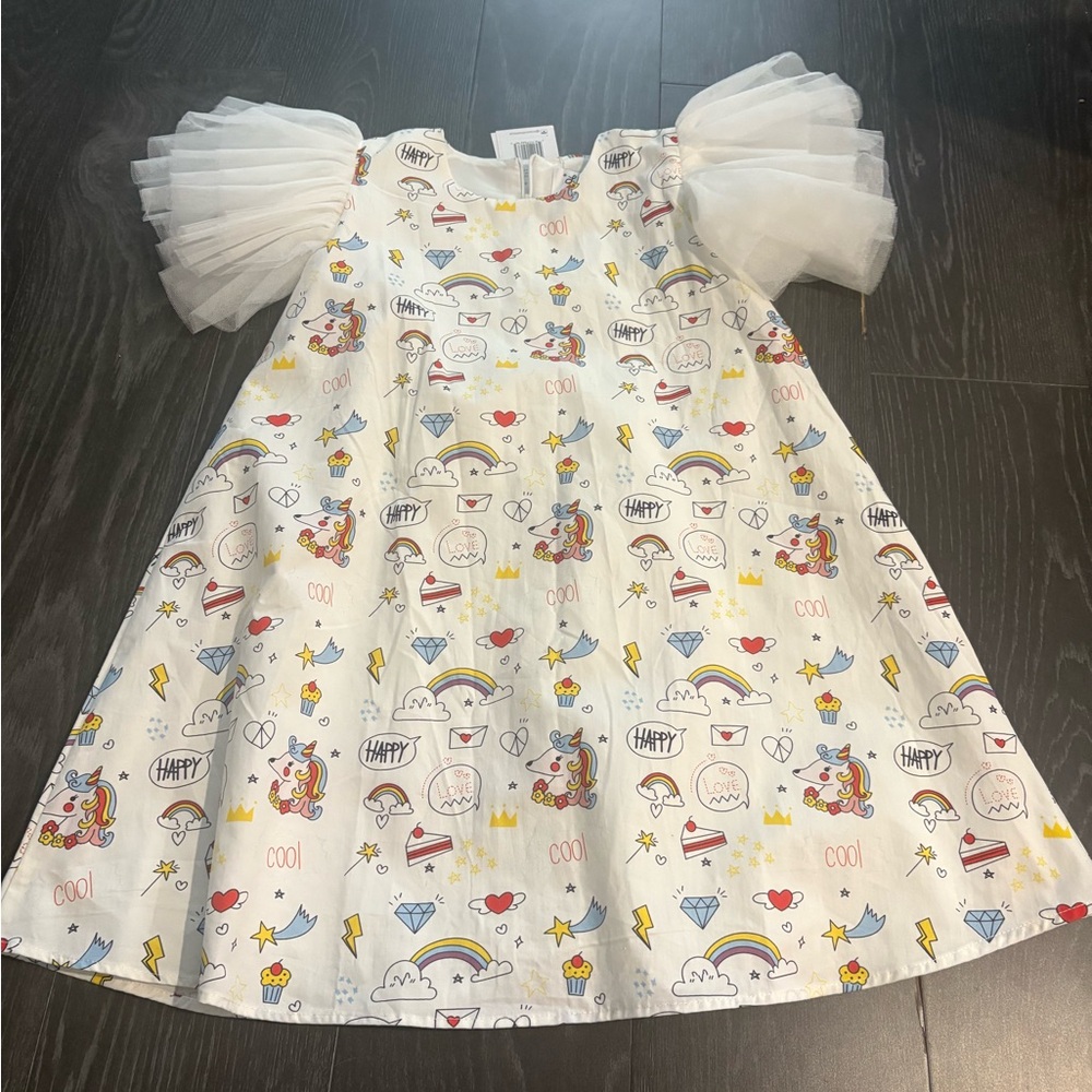 Lola + The Boys Girls Dress w/ Drawing Accents, Tulle Sleeves, Size 8, NWT